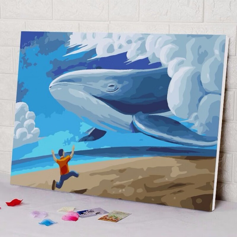 diy数字油画大鱼油彩画儿童手绘创意抽象蓝色鲸鱼装饰