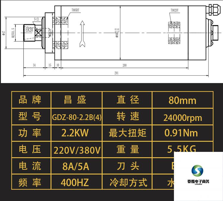 雕刻机电机昌盛电主轴水冷800w1.5kw2.2kw3.2动力头主轴电机 1.