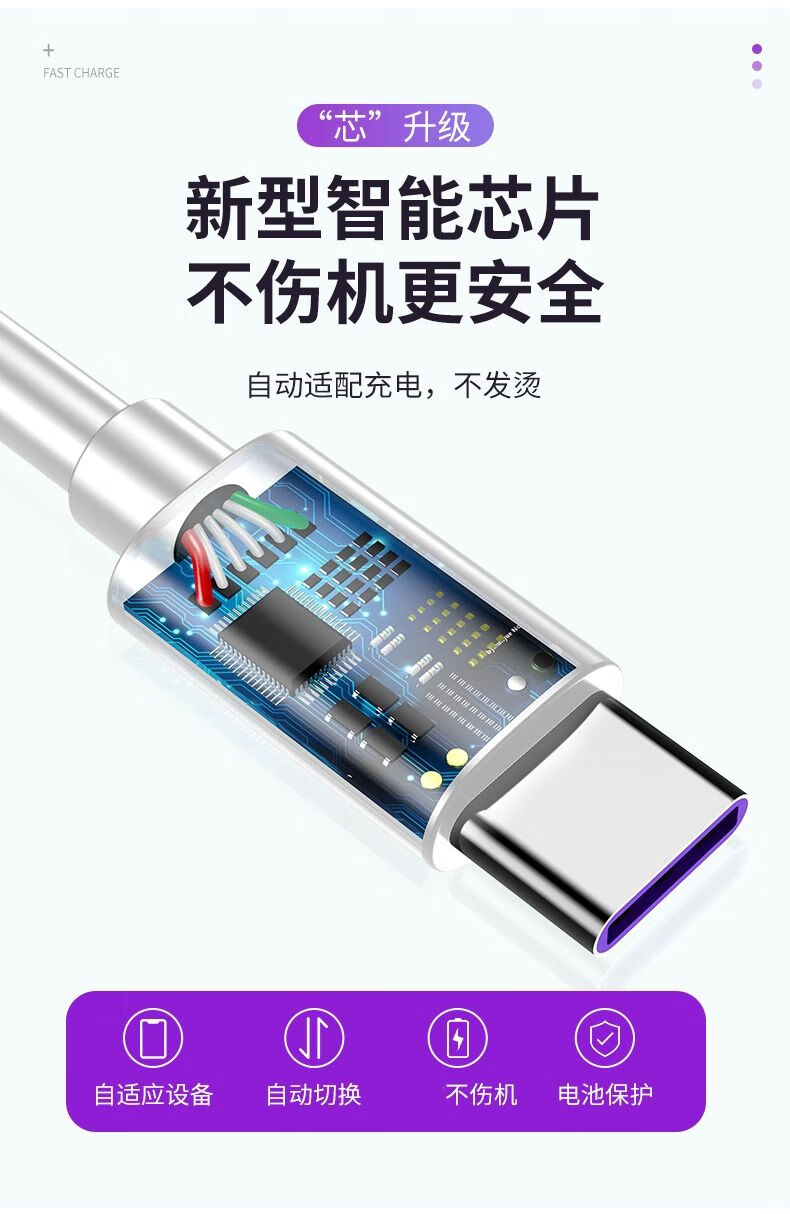 6，【精選】vivo充電線小米紅米華爲榮耀OPPO數據線快充大頭大口寬口typecoppo PVC-5A線 1條裝 0.25米