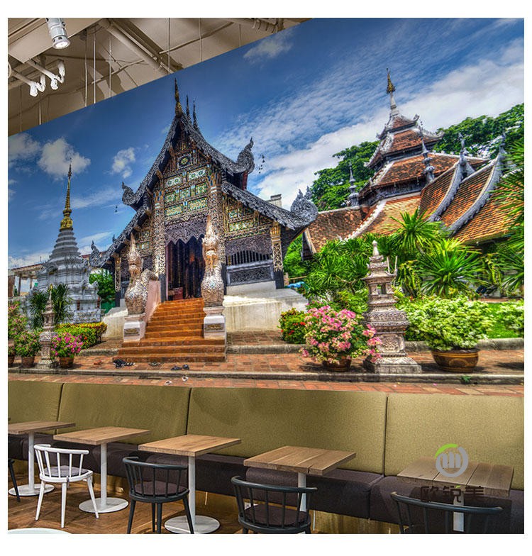 3d东南亚餐厅墙纸壁画瑜伽馆酒店特色风景画建筑泰国风背景墙壁纸无缝