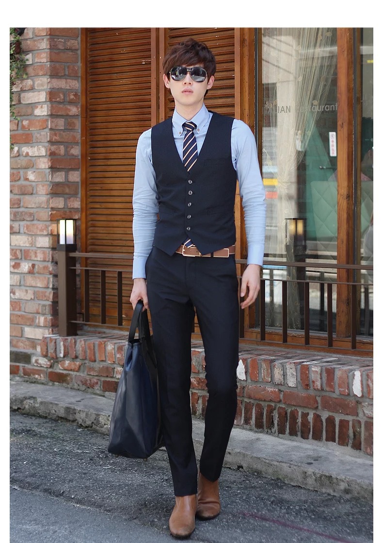 男装韩版潮修身西装男男士英伦风西服背心马夹 黑色 180/xl_ 1折现价
