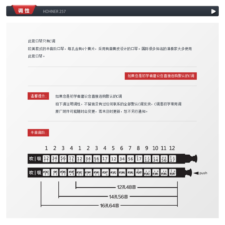 贝生14孔半音阶口琴德国和莱255hohner257初学者自学入门练习乐器 257