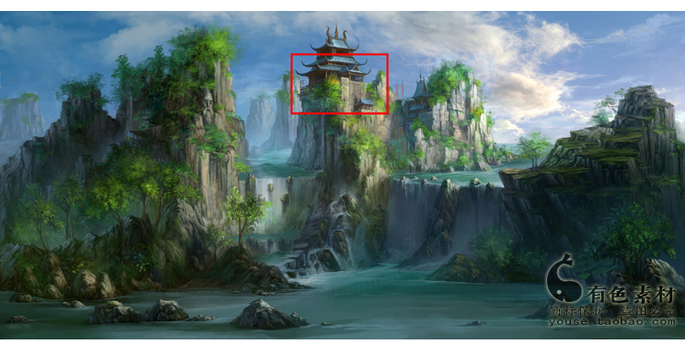 兰缪古风传统建筑彩色山水风景动漫场景背景设定手绘插画水彩参考素材