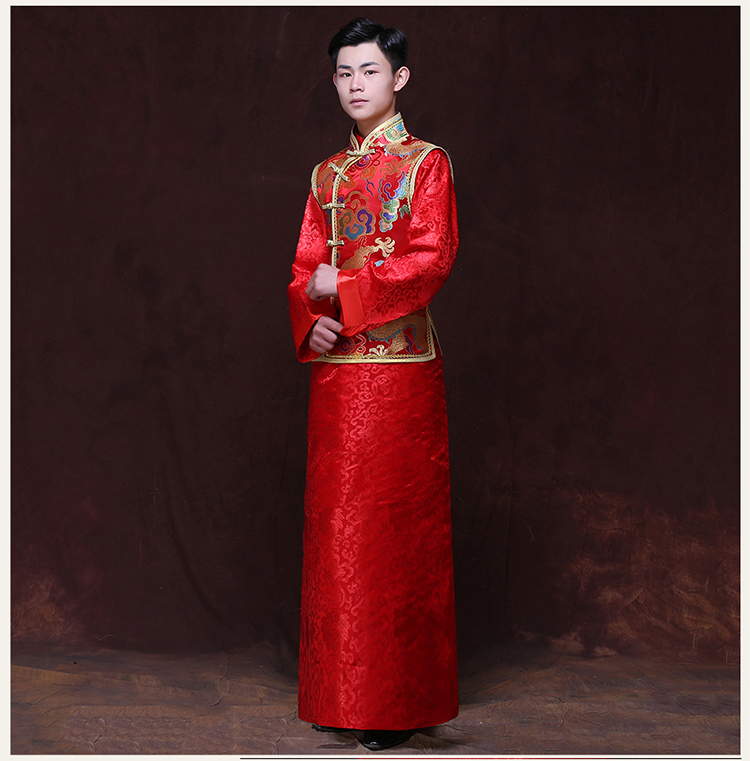 新款中国风秀禾服男新郎礼服红色唐装中式结婚礼服新郎装龙纹长民族服