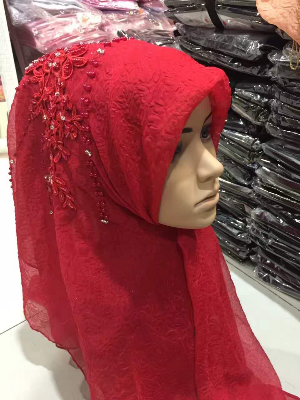 穆斯林女士头巾方巾回族串珠纱巾伊斯兰礼拜盖头围巾头纱丝巾 紫罗兰