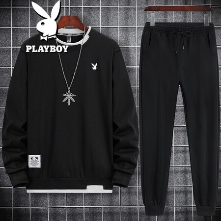 Playboy long-sleeved T-shirt men's sweater and trousers two-piece suit spring, autumn and winter new suit sportswear all-match round neck pullover top nine-point beam feet pants sports men's clothing black suit 4XL Playboy long-sleeved T-shirt men's sweater and trousers two-piece suit spring, autumn and winter new suit sportswear all-match round neck pullover top nine-point beam feet pants sports men's clothing black suit 4XL