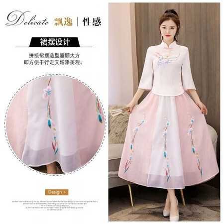 Xinying Retro Republic of China style women's clothing improved Hanfu women's ancient costume Chinese style student Tang suit suit women's cheongsam embroidery pink off-white blouse + pink skirt S Xinying Retro Republic of China style women's clothing improved Hanfu women's ancient costume Chinese style student Tang suit suit women's cheongsam embroidery pink off-white blouse + pink skirt S