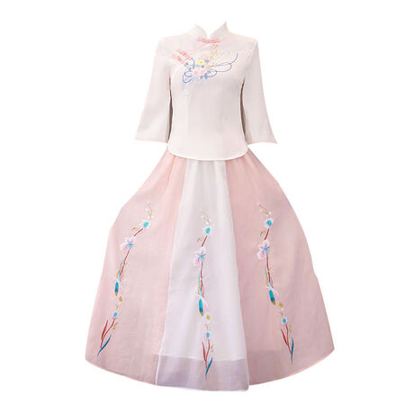 Xinying Retro Republic of China style women's clothing improved Hanfu women's ancient costume Chinese style student Tang suit suit women's cheongsam embroidery pink off-white blouse + pink skirt S Xinying Retro Republic of China style women's clothing improved Hanfu women's ancient costume Chinese style student Tang suit suit women's cheongsam embroidery pink off-white blouse + pink skirt S