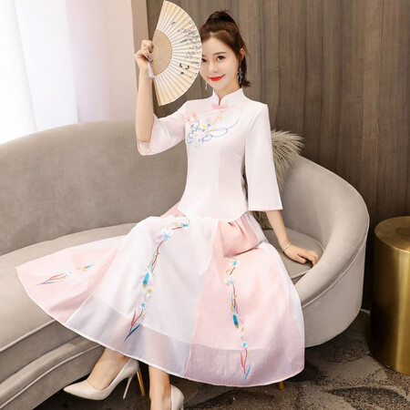 Xinying Retro Republic of China style women's clothing improved Hanfu women's ancient costume Chinese style student Tang suit suit women's cheongsam embroidery pink off-white blouse + pink skirt S Xinying Retro Republic of China style women's clothing improved Hanfu women's ancient costume Chinese style student Tang suit suit women's cheongsam embroidery pink off-white blouse + pink skirt S