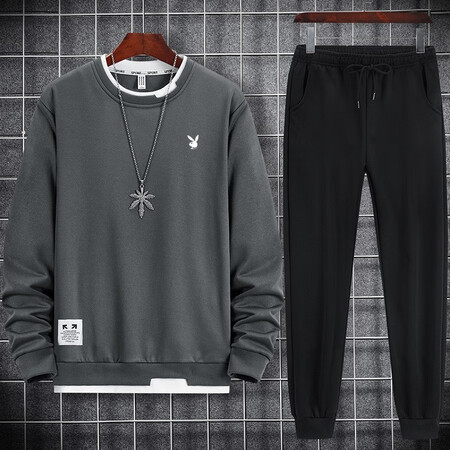 Playboy long-sleeved T-shirt men's sweater and trousers two-piece suit spring, autumn and winter new suit sportswear all-match round neck pullover top nine-point beam feet pants sports men's clothing black suit 4XL Playboy long-sleeved T-shirt men's sweater and trousers two-piece suit spring, autumn and winter new suit sportswear all-match round neck pullover top nine-point beam feet pants sports men's clothing black suit 4XL