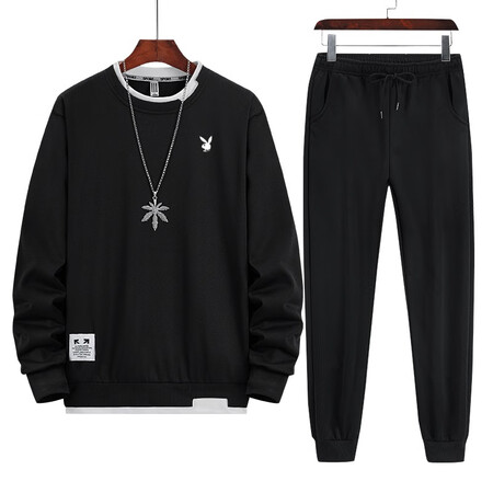 Playboy long-sleeved T-shirt men's sweater and trousers two-piece suit spring, autumn and winter new suit sportswear all-match round neck pullover top nine-point beam feet pants sports men's clothing black suit 4XL Playboy long-sleeved T-shirt men's sweater and trousers two-piece suit spring, autumn and winter new suit sportswear all-match round neck pullover top nine-point beam feet pants sports men's clothing black suit 4XL