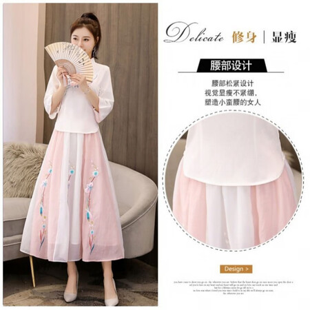 Xinying Retro Republic of China style women's clothing improved Hanfu women's ancient costume Chinese style student Tang suit suit women's cheongsam embroidery pink off-white blouse + pink skirt S Xinying Retro Republic of China style women's clothing improved Hanfu women's ancient costume Chinese style student Tang suit suit women's cheongsam embroidery pink off-white blouse + pink skirt S