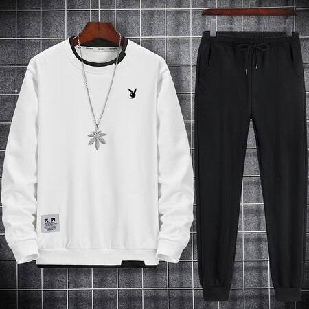 Playboy long-sleeved T-shirt men's sweater and trousers two-piece suit spring, autumn and winter new suit sportswear all-match round neck pullover top nine-point beam feet pants sports men's clothing black suit 4XL Playboy long-sleeved T-shirt men's sweater and trousers two-piece suit spring, autumn and winter new suit sportswear all-match round neck pullover top nine-point beam feet pants sports men's clothing black suit 4XL