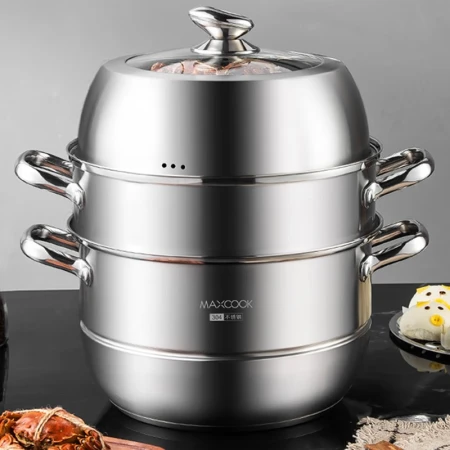 American kitchen maxcook steamer 304 stainless steel 30CM three-layer steamer thickened double bottom soup pot gas induction cooker general MCZ827 American kitchen maxcook steamer 304 stainless steel 30CM three-layer steamer thickened double bottom soup pot gas induction cooker general MCZ827