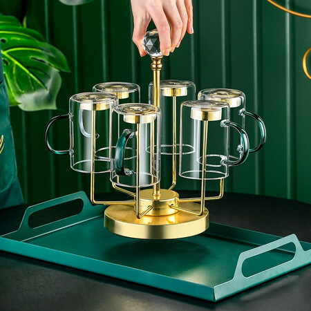 Yiyaju Light Luxury Glass Water Cup Set with Handle Teacup Cup Set European-style Household Cup Family Living Room 6 Lake Green Handle Cups + Diamond Cup Holder + Iron Tray + 1.5L Yaming Pot Yiyaju Light Luxury Glass Water Cup Set with Handle Teacup Cup Set European-style Household Cup Family Living Room 6 Lake Green Handle Cups + Diamond Cup Holder + Iron Tray + 1.5L Yaming Pot