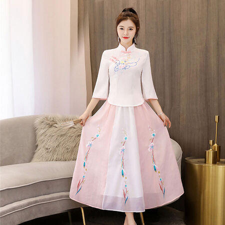 Xinying Retro Republic of China style women's clothing improved Hanfu women's ancient costume Chinese style student Tang suit suit women's cheongsam embroidery pink off-white blouse + pink skirt S Xinying Retro Republic of China style women's clothing improved Hanfu women's ancient costume Chinese style student Tang suit suit women's cheongsam embroidery pink off-white blouse + pink skirt S