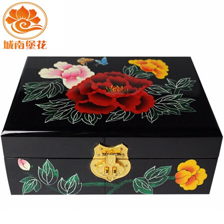 Nine-color jiucai jewelry box Pingyao push light lacquerware Hand-made collections for women’s day gifts Push light lacquer jewellery box Shanxi specialty products in full bloom with black background Nine-color jiucai jewelry box Pingyao push light lacquerware Hand-made collections for women’s day gifts Push light lacquer jewellery box Shanxi specialty products in full bloom with black background