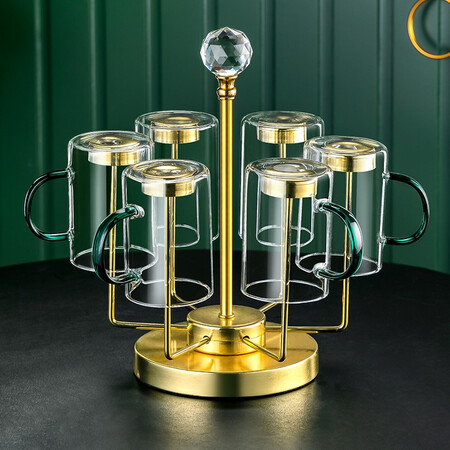 Yiyaju Light Luxury Glass Water Cup Set with Handle Teacup Cup Set European-style Household Cup Family Living Room 6 Lake Green Handle Cups + Diamond Cup Holder + Iron Tray + 1.5L Yaming Pot Yiyaju Light Luxury Glass Water Cup Set with Handle Teacup Cup Set European-style Household Cup Family Living Room 6 Lake Green Handle Cups + Diamond Cup Holder + Iron Tray + 1.5L Yaming Pot