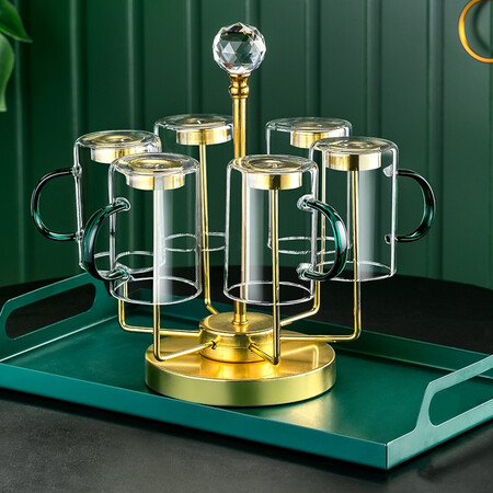 Yiyaju Light Luxury Glass Water Cup Set with Handle Teacup Cup Set European-style Household Cup Family Living Room 6 Lake Green Handle Cups + Diamond Cup Holder + Iron Tray + 1.5L Yaming Pot Yiyaju Light Luxury Glass Water Cup Set with Handle Teacup Cup Set European-style Household Cup Family Living Room 6 Lake Green Handle Cups + Diamond Cup Holder + Iron Tray + 1.5L Yaming Pot
