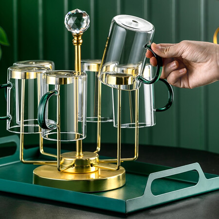 Yiyaju Light Luxury Glass Water Cup Set with Handle Teacup Cup Set European-style Household Cup Family Living Room 6 Lake Green Handle Cups + Diamond Cup Holder + Iron Tray + 1.5L Yaming Pot Yiyaju Light Luxury Glass Water Cup Set with Handle Teacup Cup Set European-style Household Cup Family Living Room 6 Lake Green Handle Cups + Diamond Cup Holder + Iron Tray + 1.5L Yaming Pot