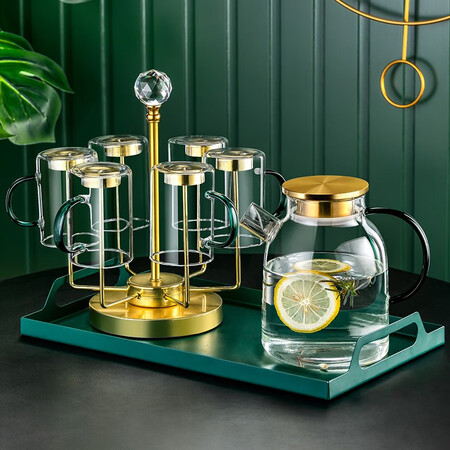 Yiyaju Light Luxury Glass Water Cup Set with Handle Teacup Cup Set European-style Household Cup Family Living Room 6 Lake Green Handle Cups + Diamond Cup Holder + Iron Tray + 1.5L Yaming Pot Yiyaju Light Luxury Glass Water Cup Set with Handle Teacup Cup Set European-style Household Cup Family Living Room 6 Lake Green Handle Cups + Diamond Cup Holder + Iron Tray + 1.5L Yaming Pot