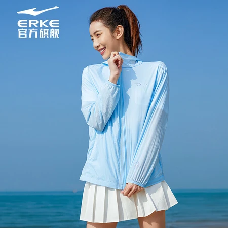 Hongxing Erke sunscreen windbreaker women's outdoor anti-UV jacket hooded sports running jacket casual zipper top 52222280103 light lake blue L Hongxing Erke sunscreen windbreaker women's outdoor anti-UV jacket hooded sports running jacket casual zipper top 52222280103 light lake blue L