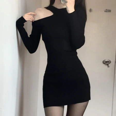 MINCHAOGELUN spring and autumn sexy babes bag hip skirt long-sleeved black knitted bottoming dress women's black S MINCHAOGELUN spring and autumn sexy babes bag hip skirt long-sleeved black knitted bottoming dress women's black S