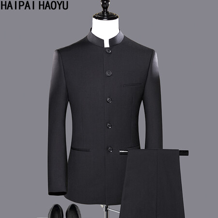 HAIPAIHAOYU Chinese tunic suit men's slim solid color Tang suit youth stand-up collar suit Chinese groom dress 1665 black 180 top 33 pants HAIPAIHAOYU Chinese tunic suit men's slim solid color Tang suit youth stand-up collar suit Chinese groom dress 1665 black 180 top 33 pants