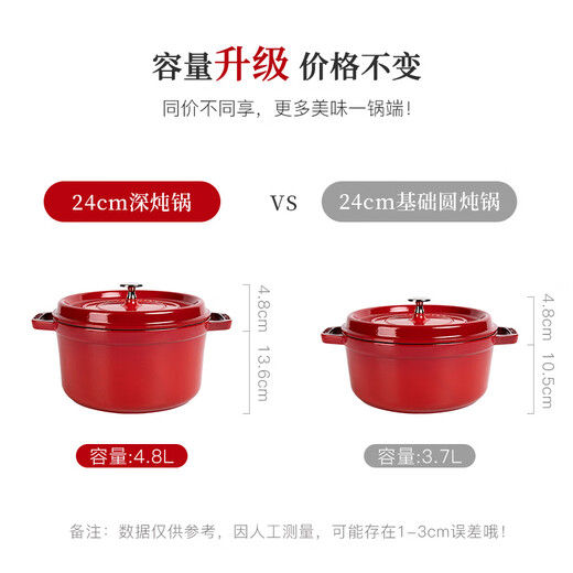 Olla Staub de hierro fundido esmaltado importado francés, olla para sopa de doble oreja, olla para guisado profundo, color rojo cereza, 24cm 40501-485 Olla Staub de hierro fundido esmaltado importado francés, olla para sopa de doble oreja, olla para guisado profundo, color rojo cereza, 24cm 40501-485