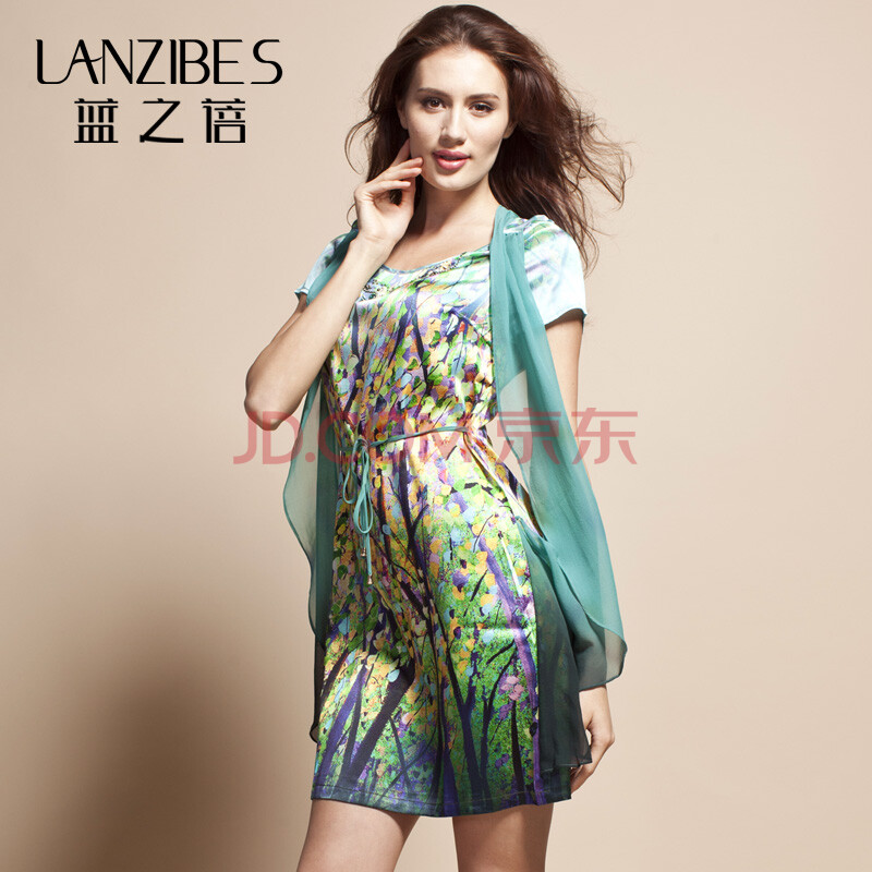 <em>杭州</em>丝绸<em>真丝女装</em>桑蚕丝圆领短袖中裙<em>真丝</em>连衣