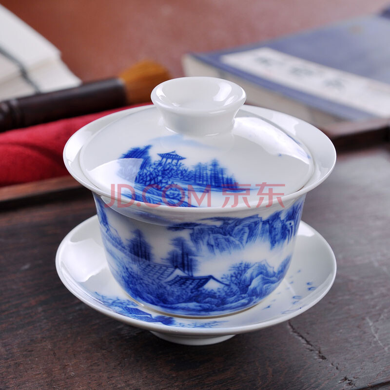 中式古典青花马蹄饭杯茶具图片