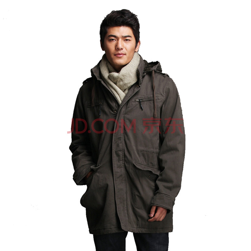 罗宾汉/rh 男装中长款带帽军大衣 连帽棉衣棉服外套 简约休闲款|264a