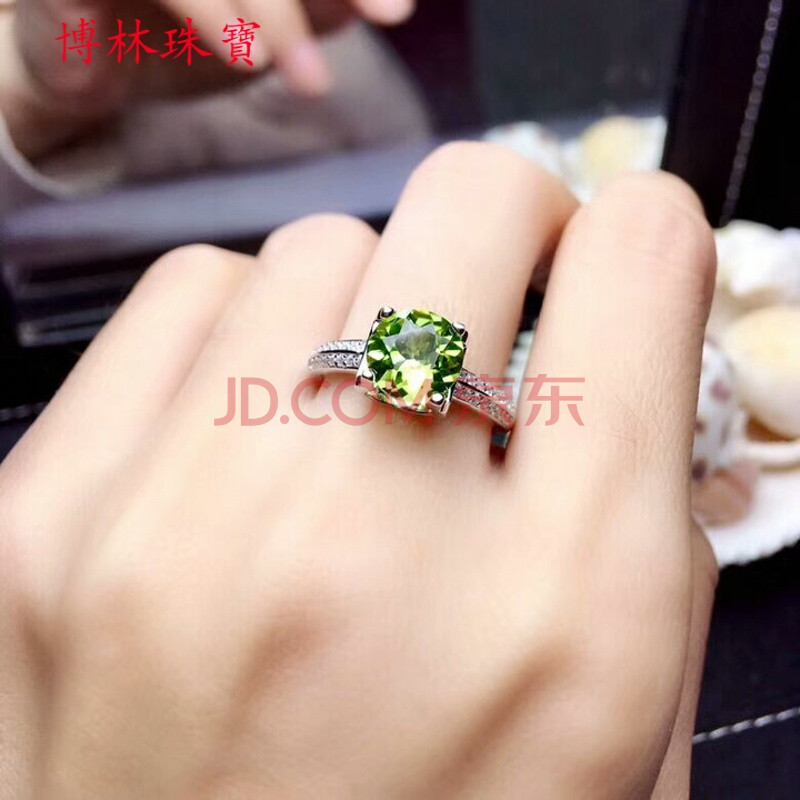 $天然橄榄石戒指女简约s925银时尚个性牛头款小清新指环韩版带证书
