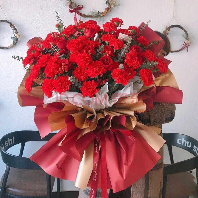 恋森中秋节康乃馨鲜花速递19朵粉色康乃馨百合花束礼盒送妈妈长辈生日