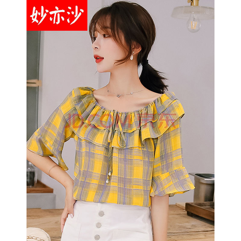 妙亦沙 夏天很仙的字领上衣女超仙夏季五分袖雪纺衬衫