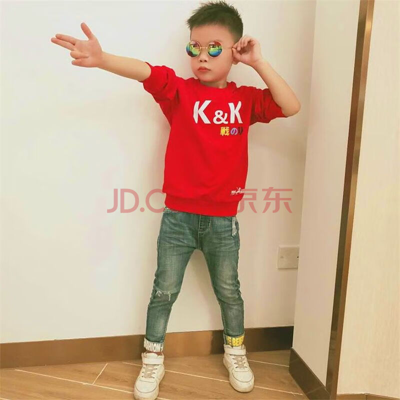小男孩长袖上衣时尚打底衫潮t恤fu 红色kk(a) 卫衣 140 适合130-140