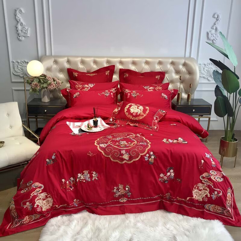 芙洛西亚 新中式古典100支全棉提花四件套婚庆大红色刺绣结婚八件套喜