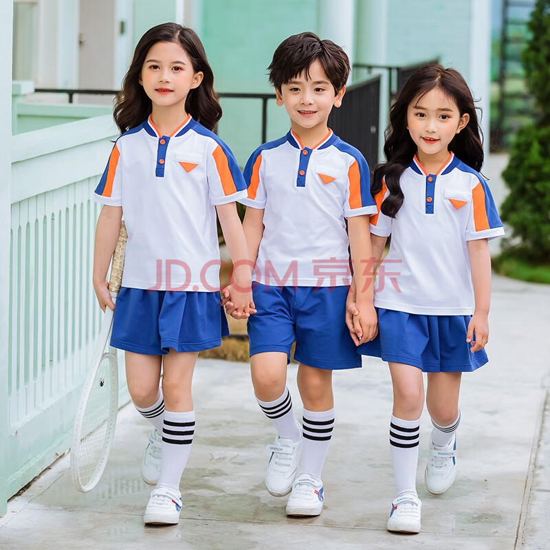 小学生园服短袖两件套运动会校服套装六一儿童演出服定制 蓝色女生