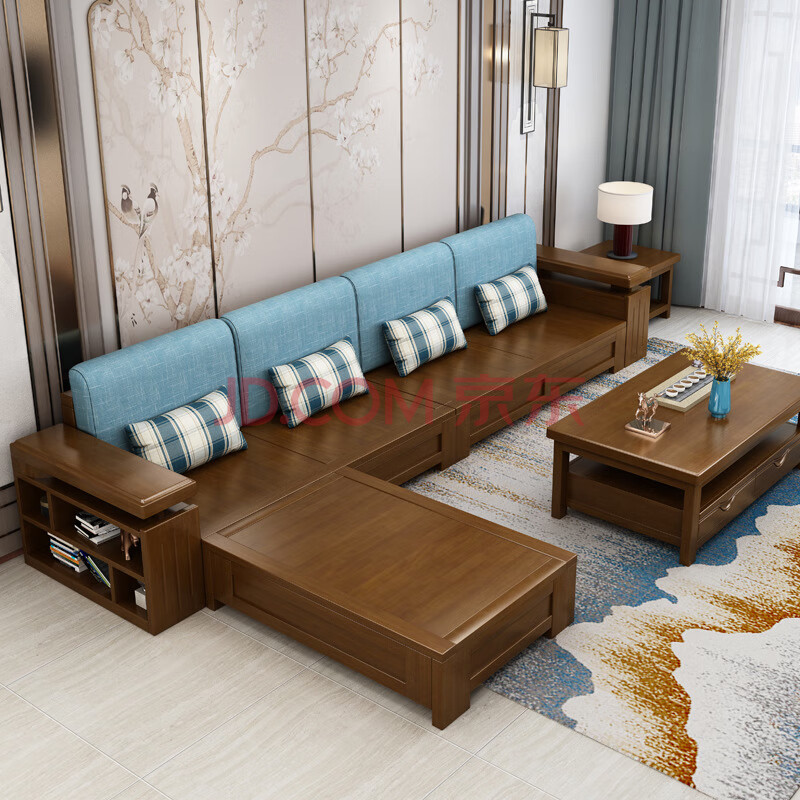 实木布艺沙发组合现代简约新中式客厅整装家具小户型储物木沙发 胡桃