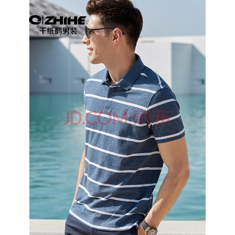 千纸鹤青年男士polo衫2020夏季新品蓝白条纹短袖刺绣上衣男25038 01a