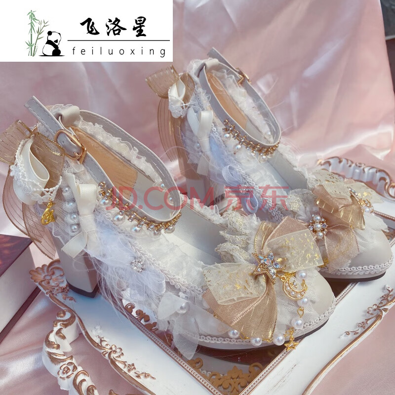 少女心手作黎明梦魇花嫁加冕白金色九歌lolita高跟鞋粗跟lo鞋 白色 34