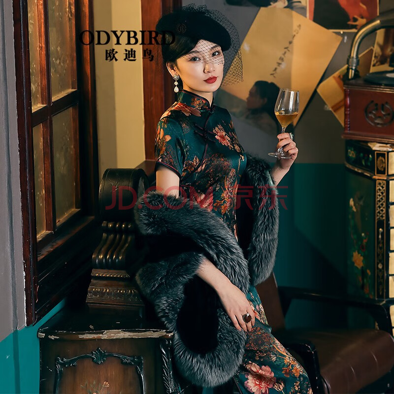 欧迪鸟odybird品牌女装真丝旗袍复古民国风老上海短袖
