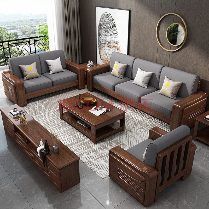 中派 沙发 新中式胡桃木布艺沙发现代客厅实木沙发 五人位 贵妃踏