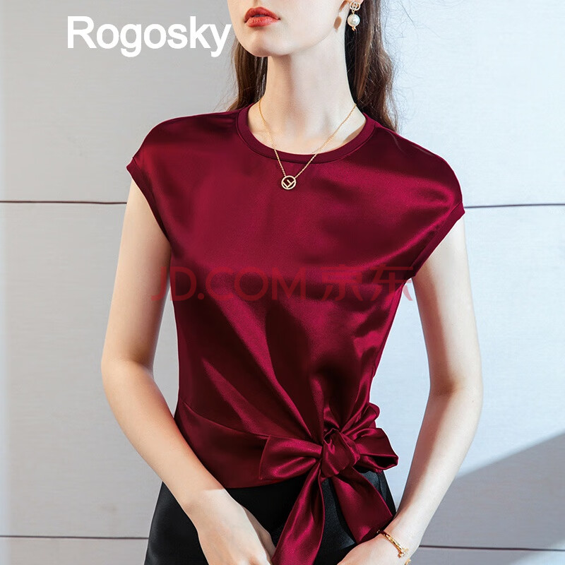 rogosky香港潮牌醋酸缎面短袖t恤女2020拼接丝滑包肩系带蝴蝶结设计感