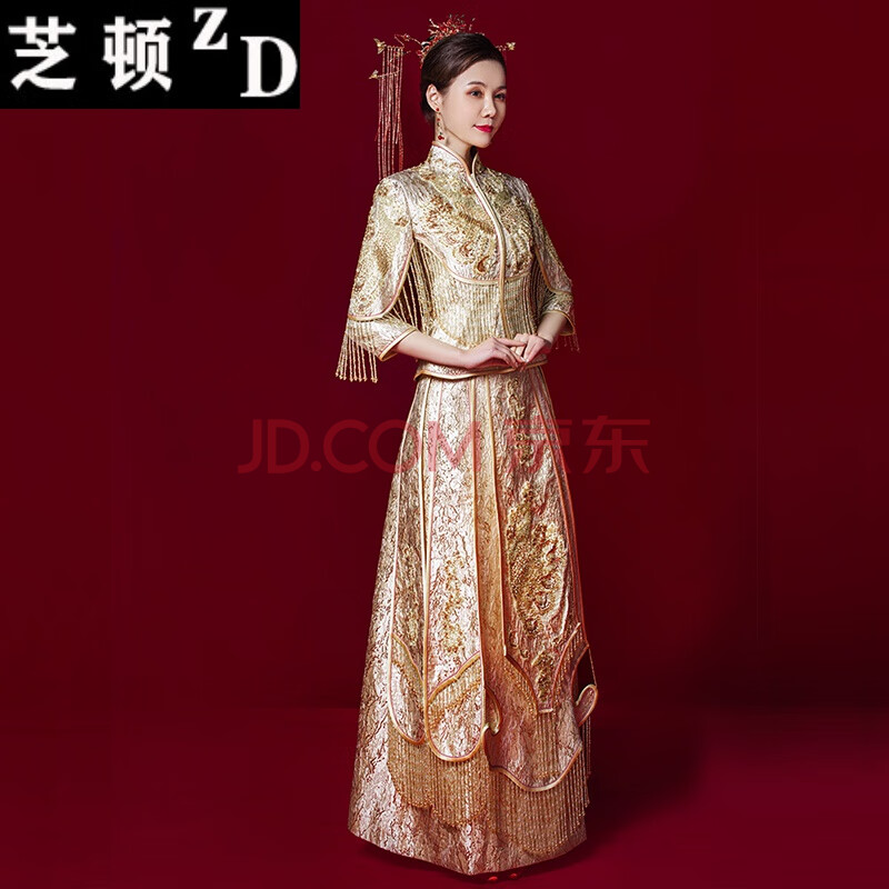 【中国风】秀禾服新娘礼服嫁衣夏金色凤冠霞帔婚纱中式装女香槟色