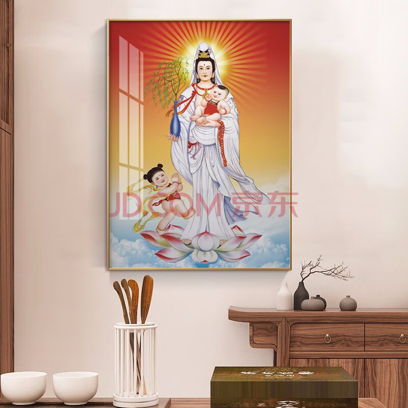 良木 观世音菩萨画像供奉玄关柜上挂画送子观音佛像唐卡装饰画 f-送子