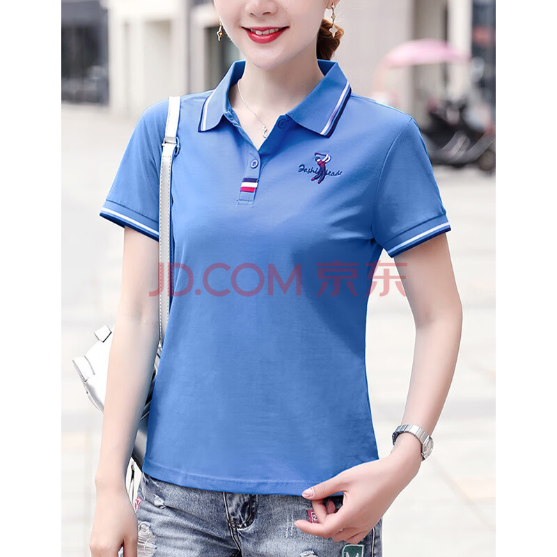2020夏装新款休闲韩版修身翻领polo衫女运动服有领上衣时尚女装 蓝色