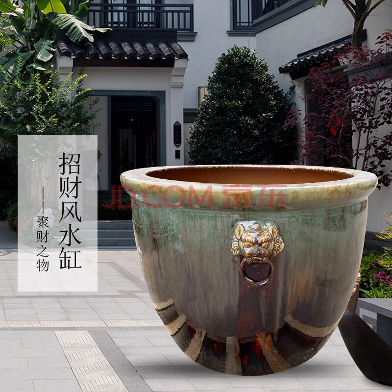 景德镇陶瓷大缸窑变狮子头带狮耳纯手工陶瓷风水摆件棕色2米大缸酒店