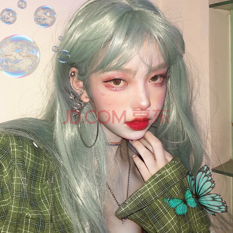 lolita空气刘海假发女动漫cosplay假毛仙女街拍大波浪绿色长卷发 浅