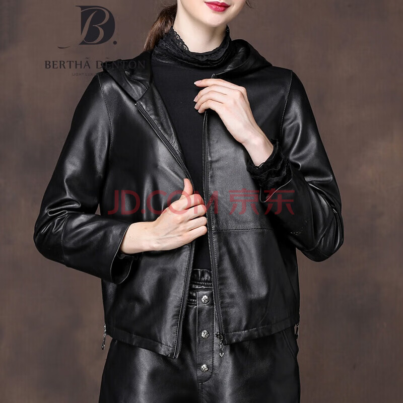 伯莎丹顿品牌海宁真皮皮衣女2021新款绵羊皮连帽欧美夹克衫短款外套